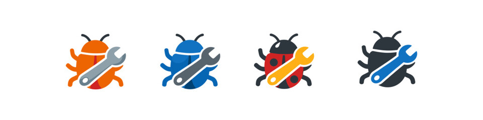 Obraz premium Bug fixing icons with wrench tool in different colors and styles