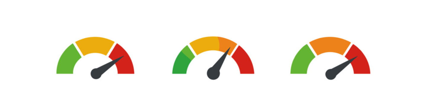 Three speedometers showing different levels of performance from low to high