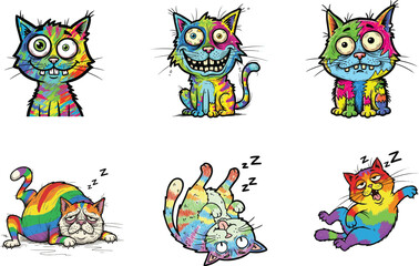 Fototapeta premium A vibrant collection of unique cartoon cat illustrations, each radiating a spectrum of playful emotions and embodying a lively artistic concept with whimsical charm