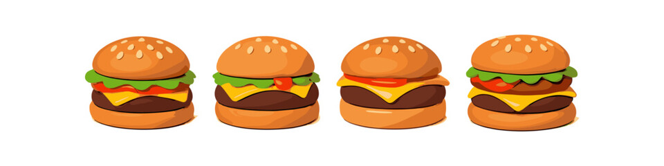Four delicious cartoon hamburgers lined up in a row on a white background
