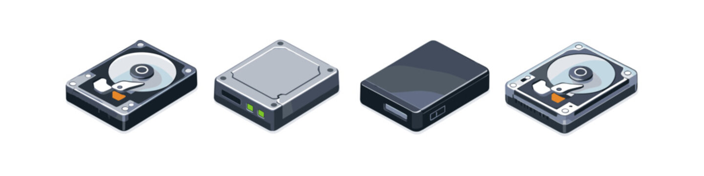 Collection of isometric hard drive and external storage device icons