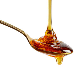 Thick golden honey with sparkling glitter is poured onto a golden spoon, creating a rich, viscous swirl and dripping in a dramatic and luxurious macro shot