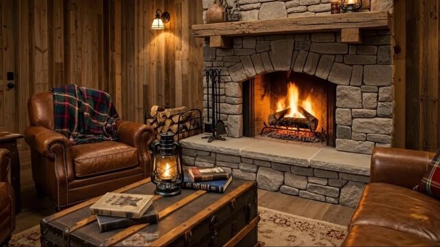Cozy fireplace ambiance in rustic living room with flickering firelight and warm decor
