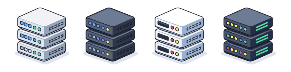 Fototapeta premium Isometric stacks of network servers or data storage devices in different colors