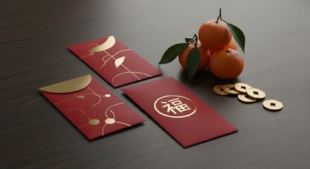 Chinese New Year red envelopes with gold accents and tangerines on a wooden surface