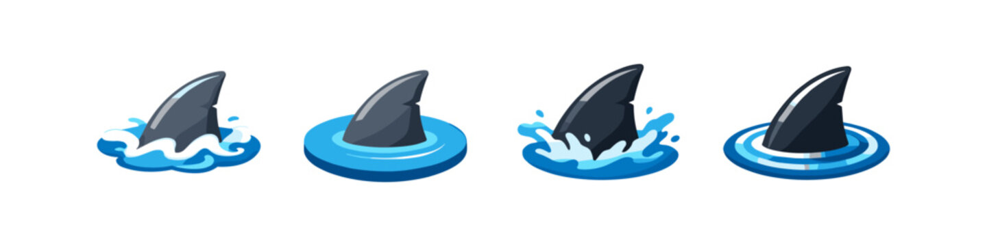 Set of four cartoon shark fins emerging from blue water with splashes