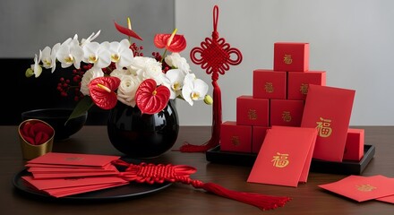 Traditional Chinese New Year decorations including red envelopes, tassels, and floral arrangements