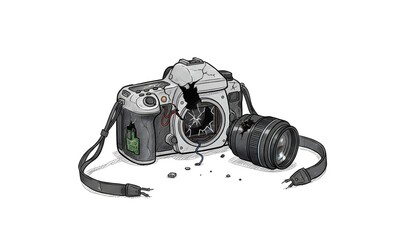 Broken Digital SLR Camera Illustration with Shattered Lens and Exposed Internal Wires