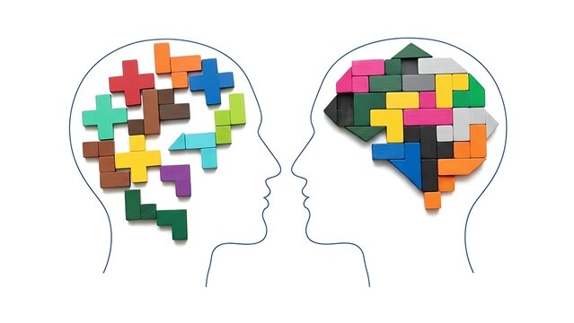 Concept of two minds connecting with colorful geometric puzzle pieces representing thought processes