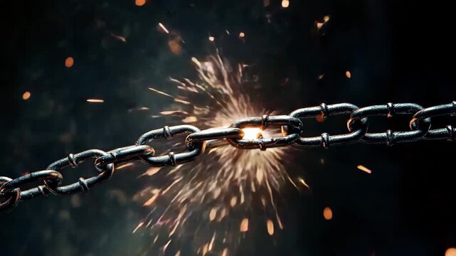 Chains break apart with bright sparks flying in mid air