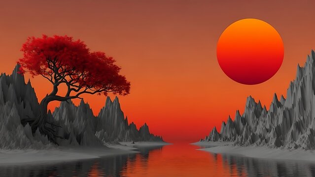 Striking red maple tree contrasts sharply with jagged gray mountains under an orange sky.