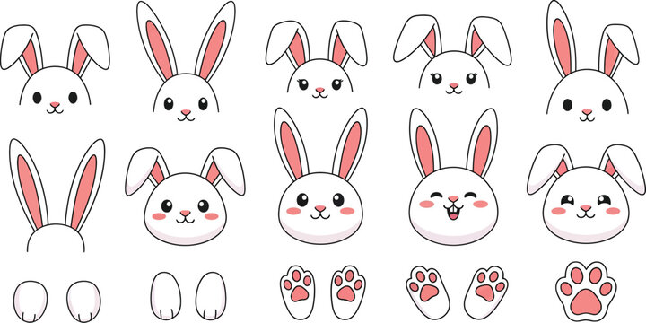 Adorable cartoon white rabbit heads and paws set with various expressions, perfect for Easter and children's designs.