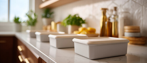 Modern kitchen countertop with white storage containers and decorative plants in a bright, clean, and organized home setting