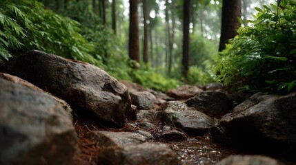 Fototapeta premium A wet rocky forest path glistens with moisture under tall trees and lush green foliage