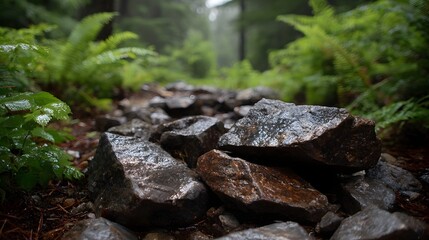 Obraz premium Wet rocks and lush ferns line a forest hiking trail on a damp day