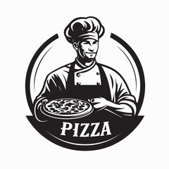 Chef Holding Tray Pizza Logo Vector Isolated on White Background
