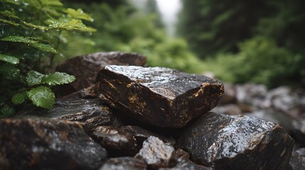 Obraz premium Close up of dark wet rocks adorned with glistening moisture amidst lush forest greenery and fog