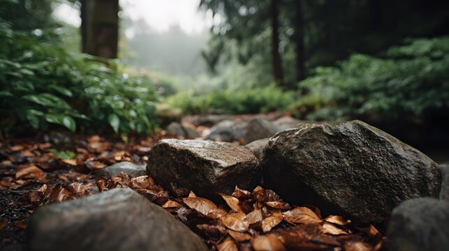 A wet forest path covered with fallen leaves and rocks evoking a sense of damp natural tranquility