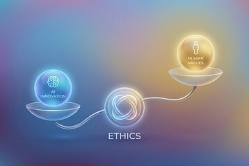 Visual synthesis of AI innovation and human values interlinked through ethics conveying the balance of technology and moral compass in modern society