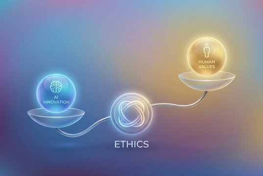 Visual synthesis of AI innovation and human values interlinked through ethics conveying the balance of technology and moral compass in modern society
