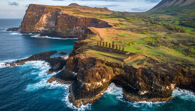 Easter Island with Moai Statues from Aerial view