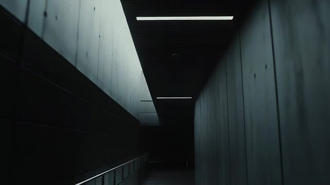 Empty concrete corridor with strong architectural lines and minimal lighting, creating a mysterious and foreboding atmosphere, symbolizing isolation, uncertainty, or the unknown path ahead