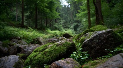 Fototapeta premium A tranquil scene of ancient moss covered rocks and lush green vegetation on the forest floor evoking a sense of deep wilderness and natural serenity