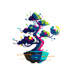 Vibrant Digital Bonsai Tree Merging Nature with Technology and Global Connectivity