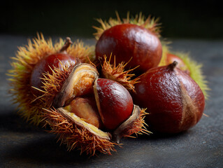 Fresh chestnuts with spiky husks on dark background