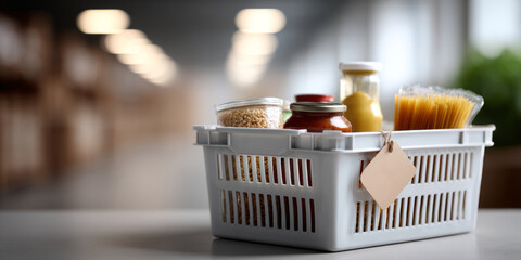 Plastic basket filled with various food jars and pasta on a table with blurred background in a modern kitchen or pantry