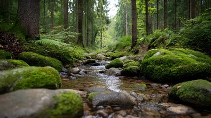 Obraz premium A clear stream flows over moss covered rocks in a lush green forest