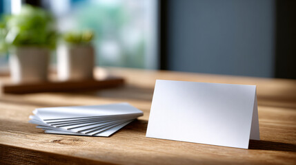 Blank white folded cards and stack of envelopes on wooden table with blurred background and natural light