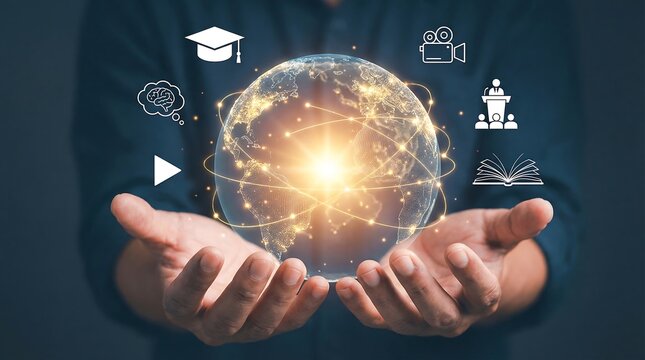 Global Education Technology Concept with Glowing World Globe for Online Learning