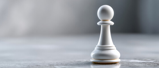 Close-up of a single white chess pawn standing on a reflective surface with a blurred neutral background