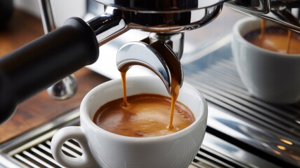 Artisan Coffee in the Making: A close-up captures the rich essence of freshly brewed espresso pouring into a pristine white cup, showcasing the art and precision of the brewing process.