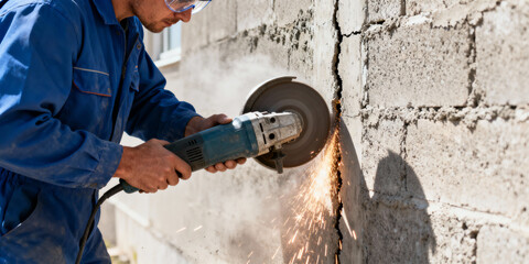 A worker grinding an exterior wall with an angle grinder