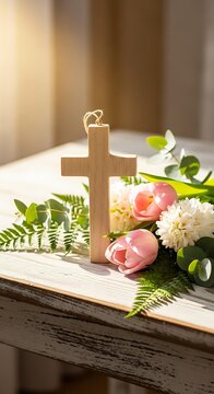 Minimalist wooden cross with fresh spring flowers in sunlight. Christian background for Mother's Day, Easter, spiritual wellness.