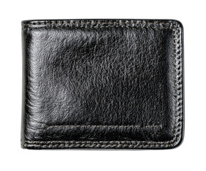 Fototapeta premium Closed black genuine leather men's wallet with detailed stitching around the edges is shown in a top-down view, highlighting its classic design and textured surface