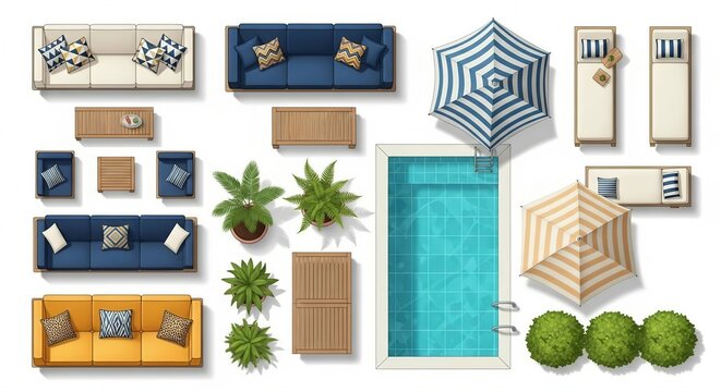 A vibrant overhead view of modern patio furniture arranged around a rectangular swimming pool