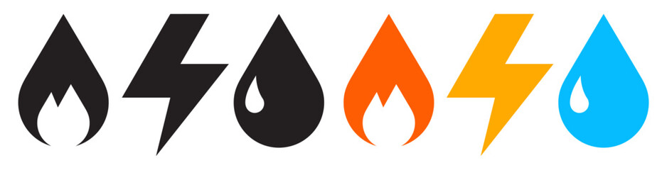 Gas, electricity and water icon set. Thunderbolt of lightning, drop water, and fire sign.