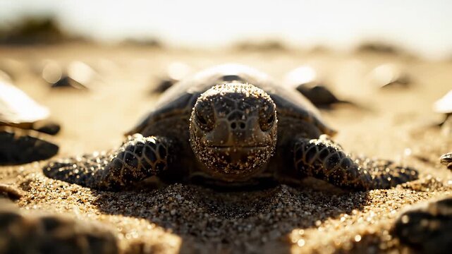 Sea turtle basking on sandy beach under the sun.