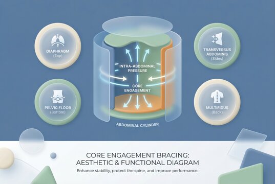 Core Engagement Bracing Aesthetic and Functional Diagram for Enhancing Stability Protecting Spine and Improving Performance with Intra Abdominal Pressure Dynamics