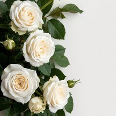 Delicate white roses flowers on a white background. Spring frame. Space for text. Color of the Year 2026, Cloud Dancer.
