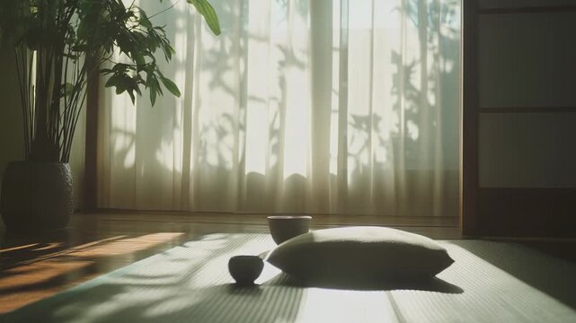 Zafu cushion and small tea bowls sitting on a striped mat, with morning sunlight creating plant shadows on sheer curtains and warm wooden floor, symbolizing mindfulness and spiritual practice