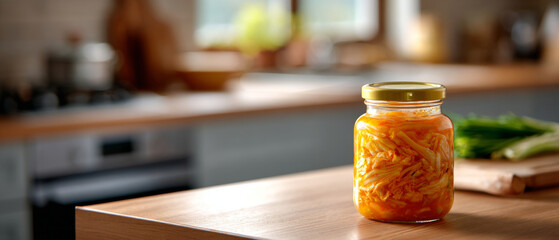 Glass jar filled with homemade kimchi placed on wooden kitchen countertop with blurred background of kitchen appliances and fresh vegetables