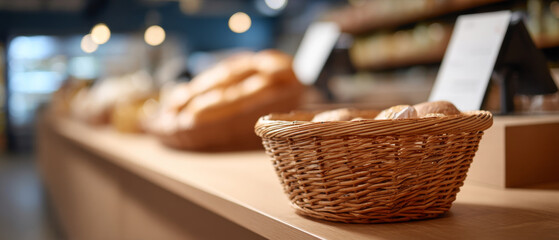 Close-up of wicker basket with bread rolls on wooden counter in bakery with blurred background of bread and shelves