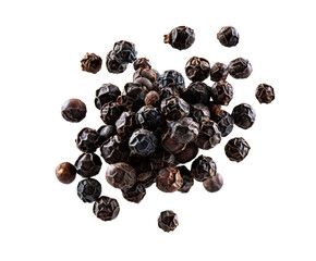 Obraz premium Dried black peppercorns with a wrinkled texture are gathered in a small pile, a detailed top-down macro shot highlighting the aromatic and pungent culinary spice
