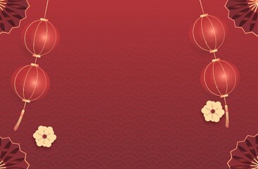 Imlek, Lunar New Year, Festive background featuring hanging lanterns and floral elements for cultural and celebration themes.