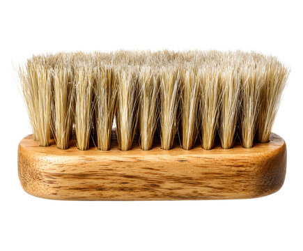 Natural bristle brush with a wooden handle for cleaning and polishing shoes or clothes, shown in a detailed side view studio shot revealing the texture of the wood and fibers