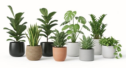 Fototapeta premium Collection of various potted houseplants including snake plant and monstera in modern minimalist pots isolated on white background for interior design
